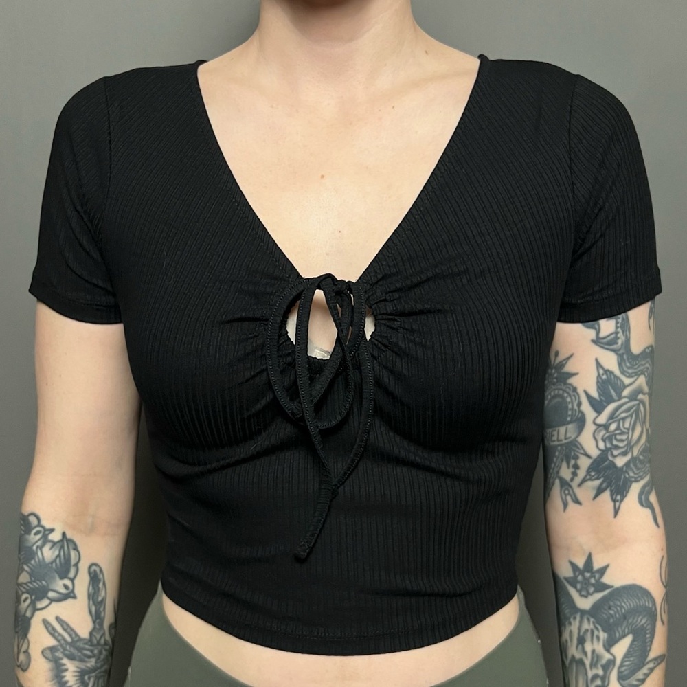 ASOS Black Ribbed Crop Top with Tie-Front
